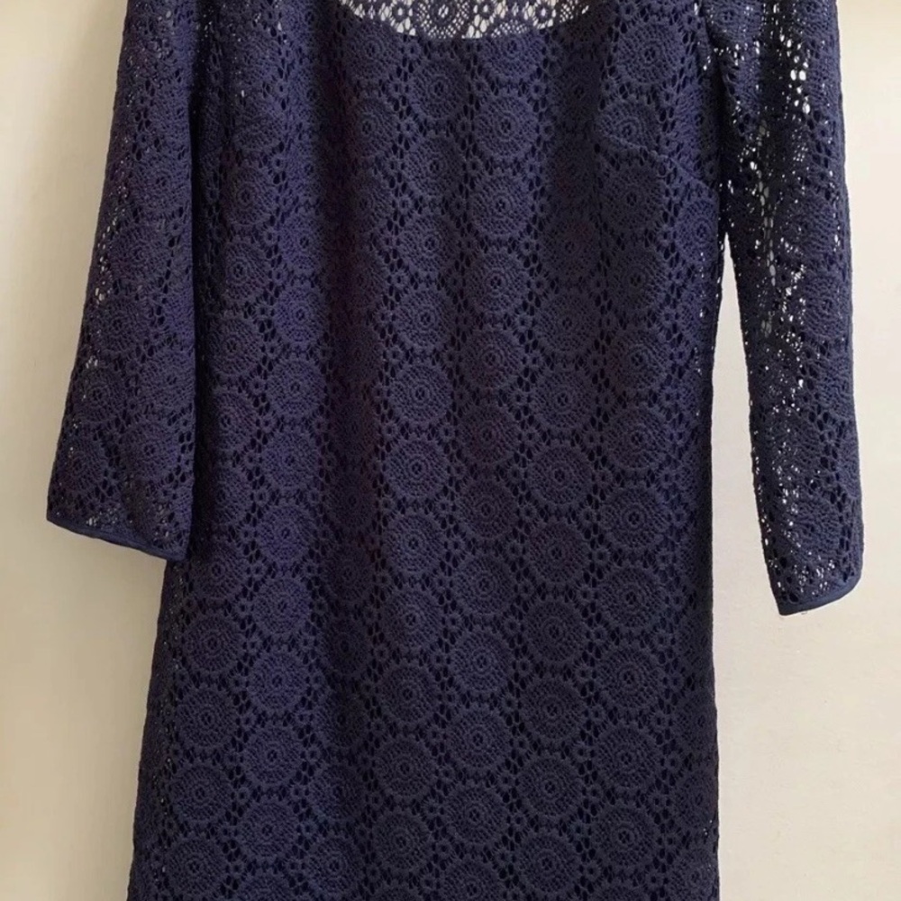 Lilly Pulitzer Topanga True Navy Blue Breakers Lace Dress Medium Bell Sleeves - Picture 8 of 13